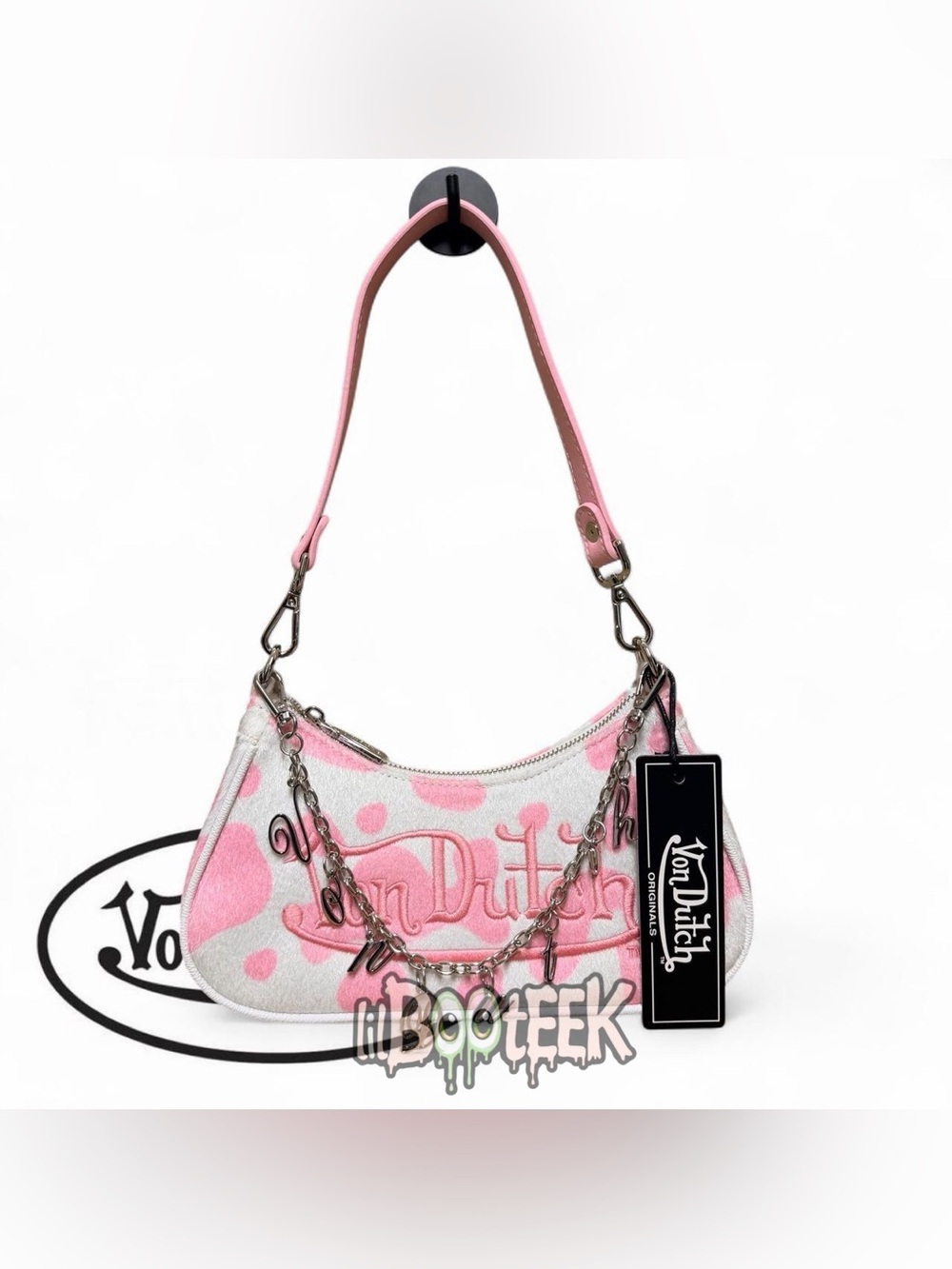 Von Dutch Pink Cow Print Faux Pony Hair Shoulder Bag w Chain Detail Y2K VIRAL